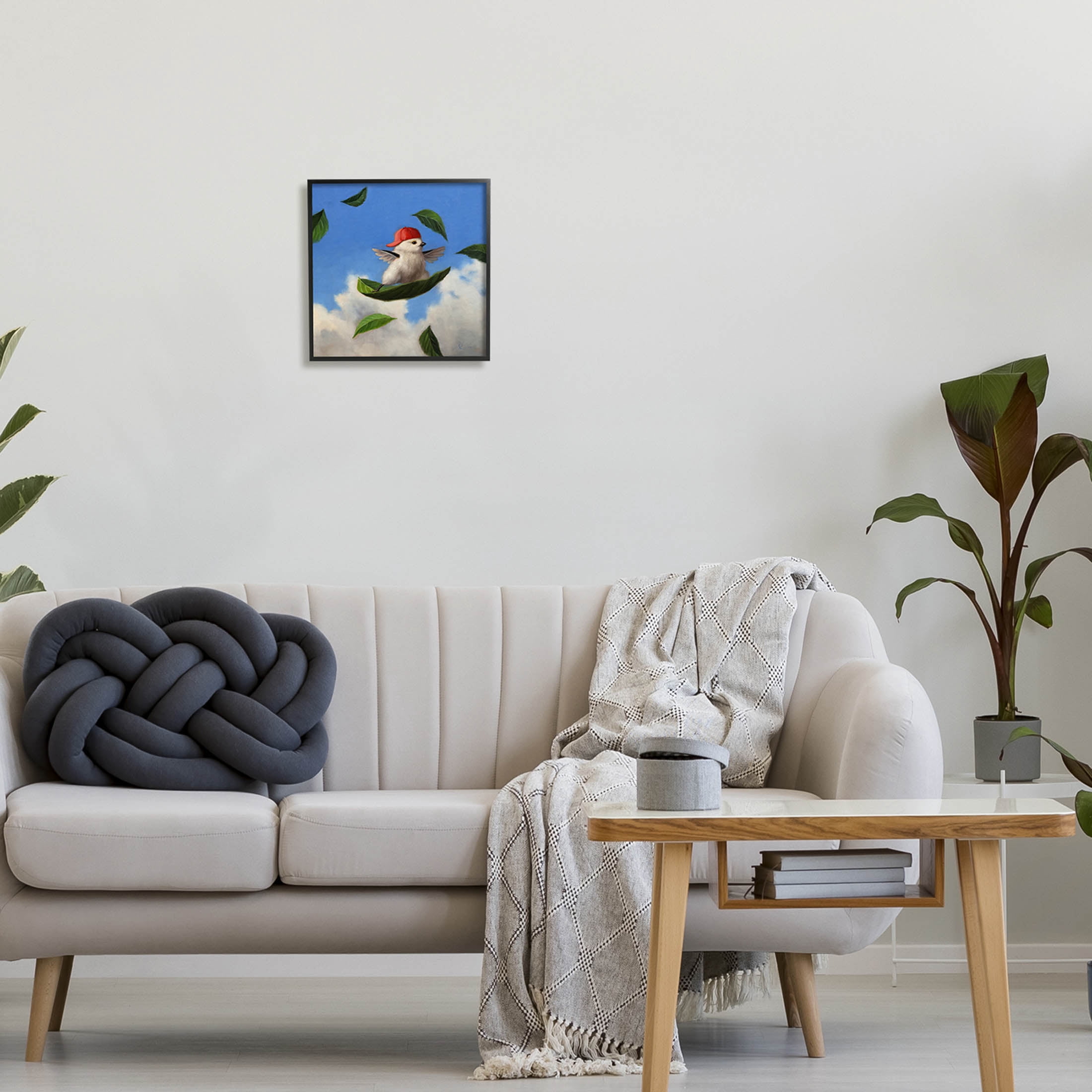 Bird Leaf Surfing Windy Sky Animals & Insects Painting Black Framed Art Print Wall Art