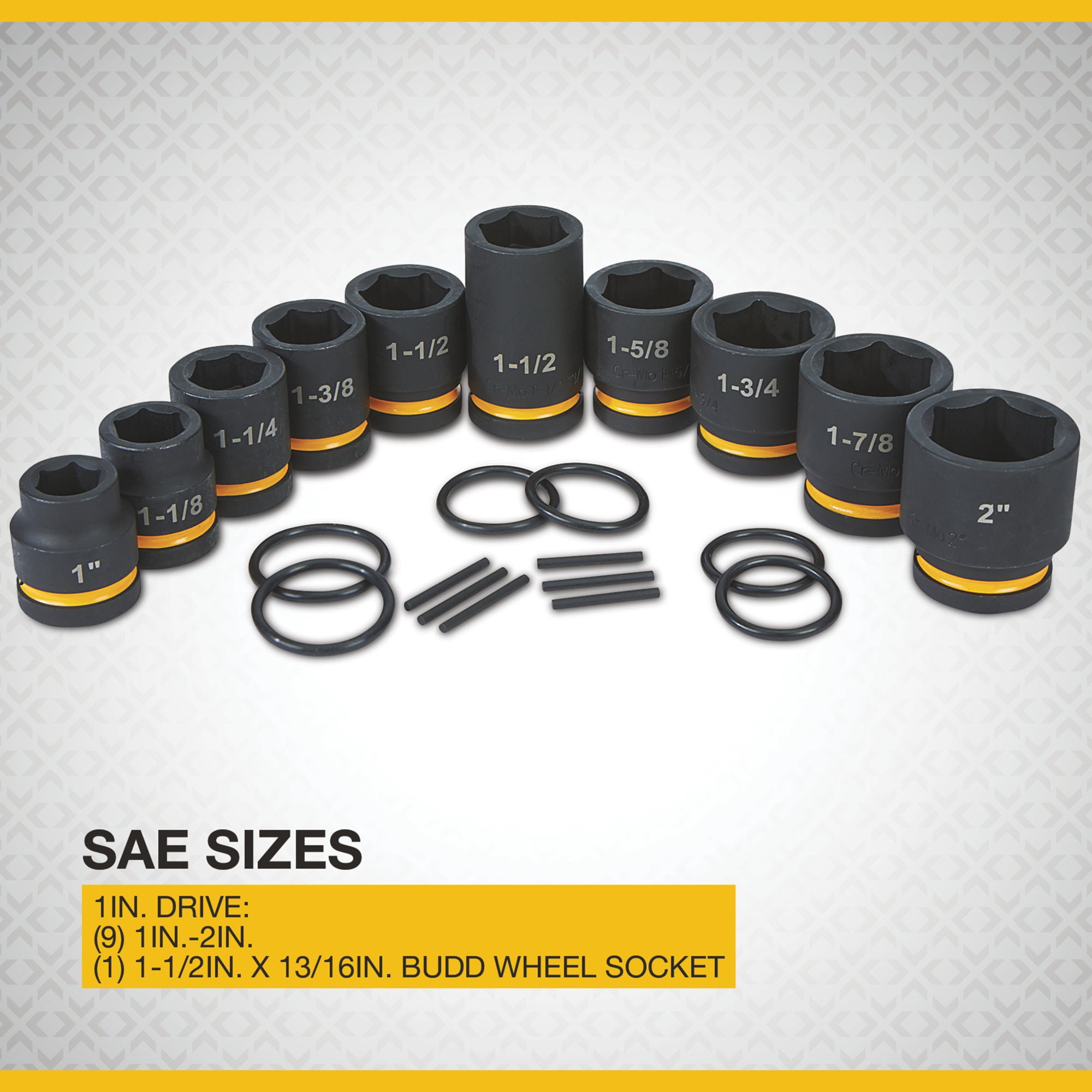 Klutch 1in. drive Impact Socket Set, Budd Wheel, SAE, Chrome Molybdenum, 10 Pcs.