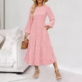 thumbnail image 4 of Quixlent Fall Winter Women Dress Long Lantern Sleeves A-line Round Neck Big Hem Dot Applique Pleated Solid Color Dating Commuting Midi Dress, 4 of 7