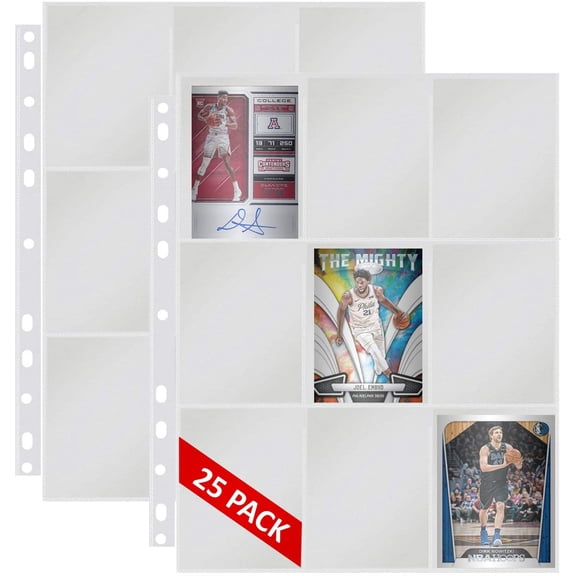 9-Pocket Trading Card Binder Sleeves for 3 Ring Binders | Yugioh, Baseball, Pokemon, Sports Card Protector Sheets | Plastic Top Loader Pages | 25 Pack
