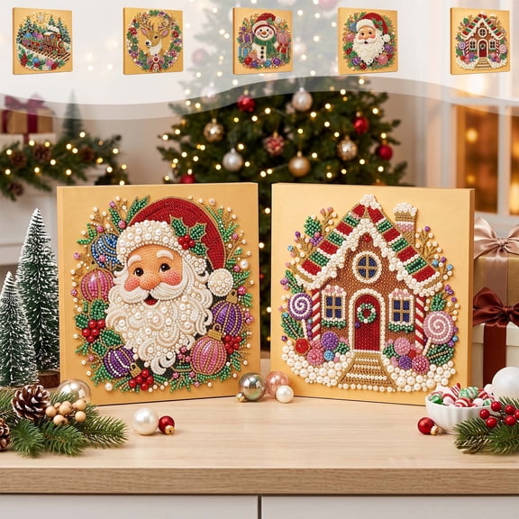 Fllostpr Christmas DIY Diamonds Painting Kit, Santa Structure Full Round Drill Rhinestone Art Set for Wall Living Room Bedroom,9.8"
