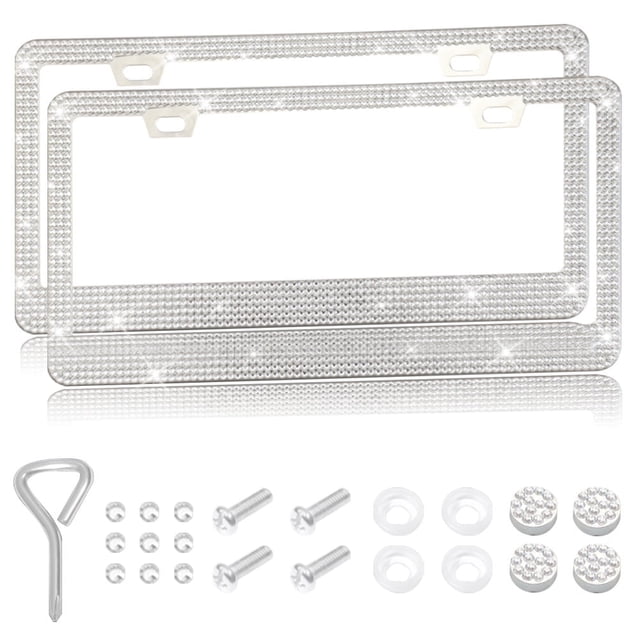 YOPTOP 2PCS Bling Car License Plate Frame Sparkly Rhinestone Stainless Steel License Plate Cover/Holder Universal for Most Cars SUVs Vehicles with Screw Set Auto Accessories for Wome,white