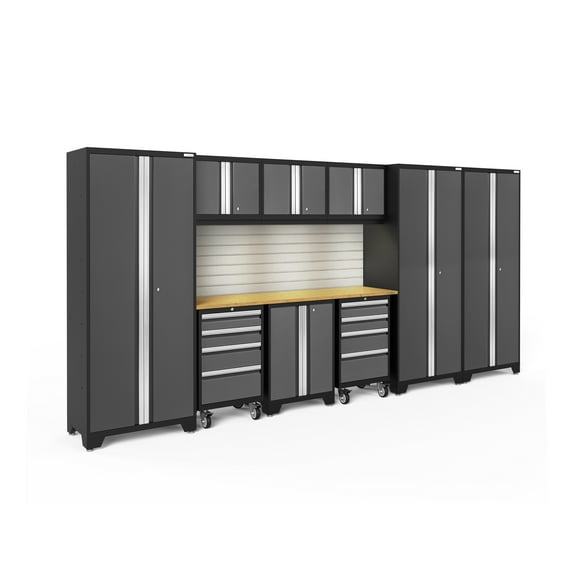 NewAge Products Bold Series Gray 10 Piece Cabinet Set, Heavy Duty 24-Gauge Steel Garage Storage System, Slatwall / LED Lights Included