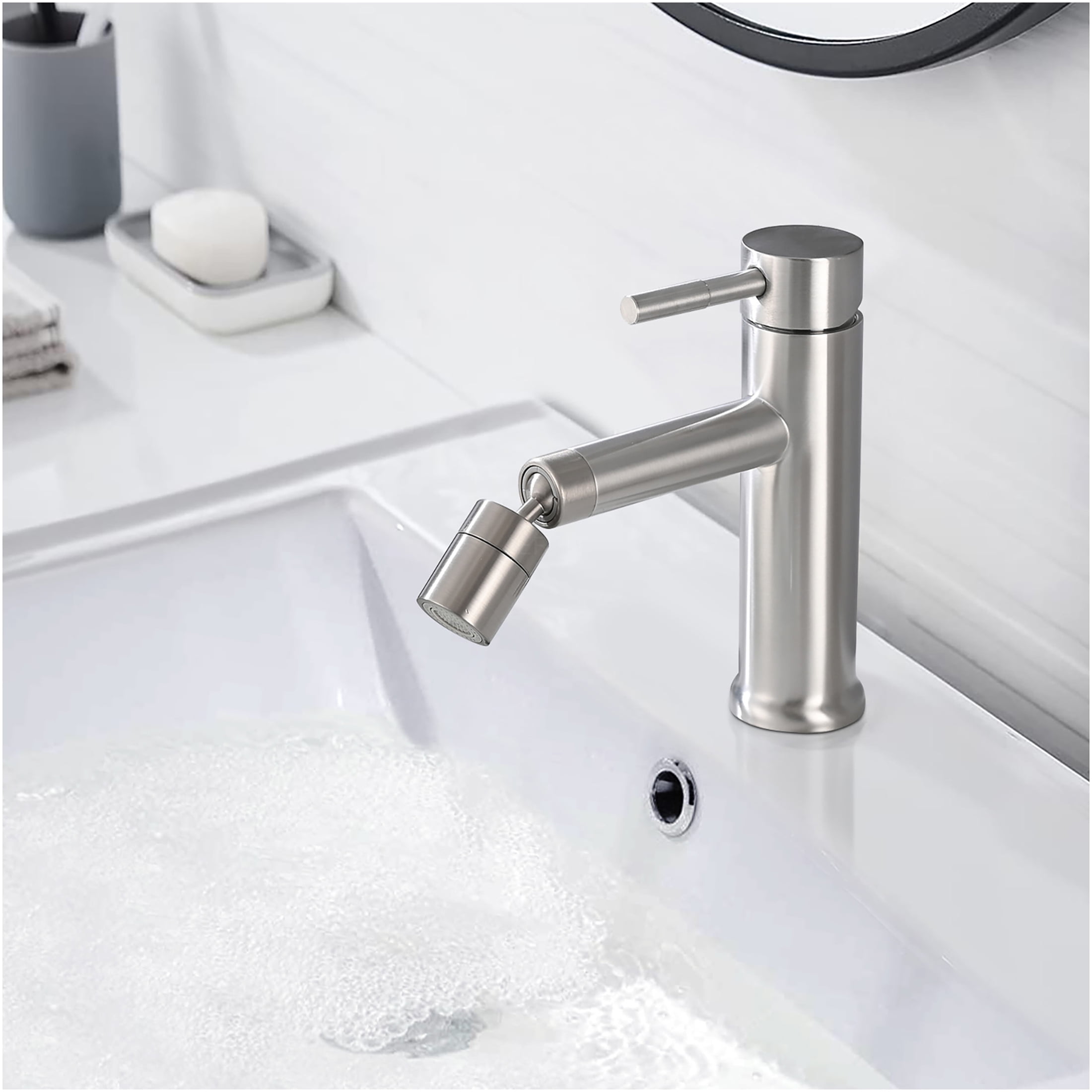 JERFIT Single Handle Bathroom Sink Faucet, Brushed Nickel 1-Hole Deck Mount Vessel Lavatory Faucet with 360° Swivel Spout and 2 Water Flow Modes