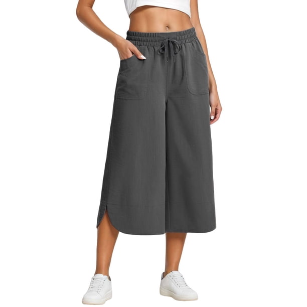 Pantalones capri deportivos casuales de color liso con cordón para mujer, cintura elástica, para verano