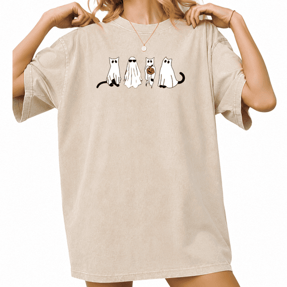 Cozymy Ghost Cat Halloween Vintage Washed Graphic Tee
