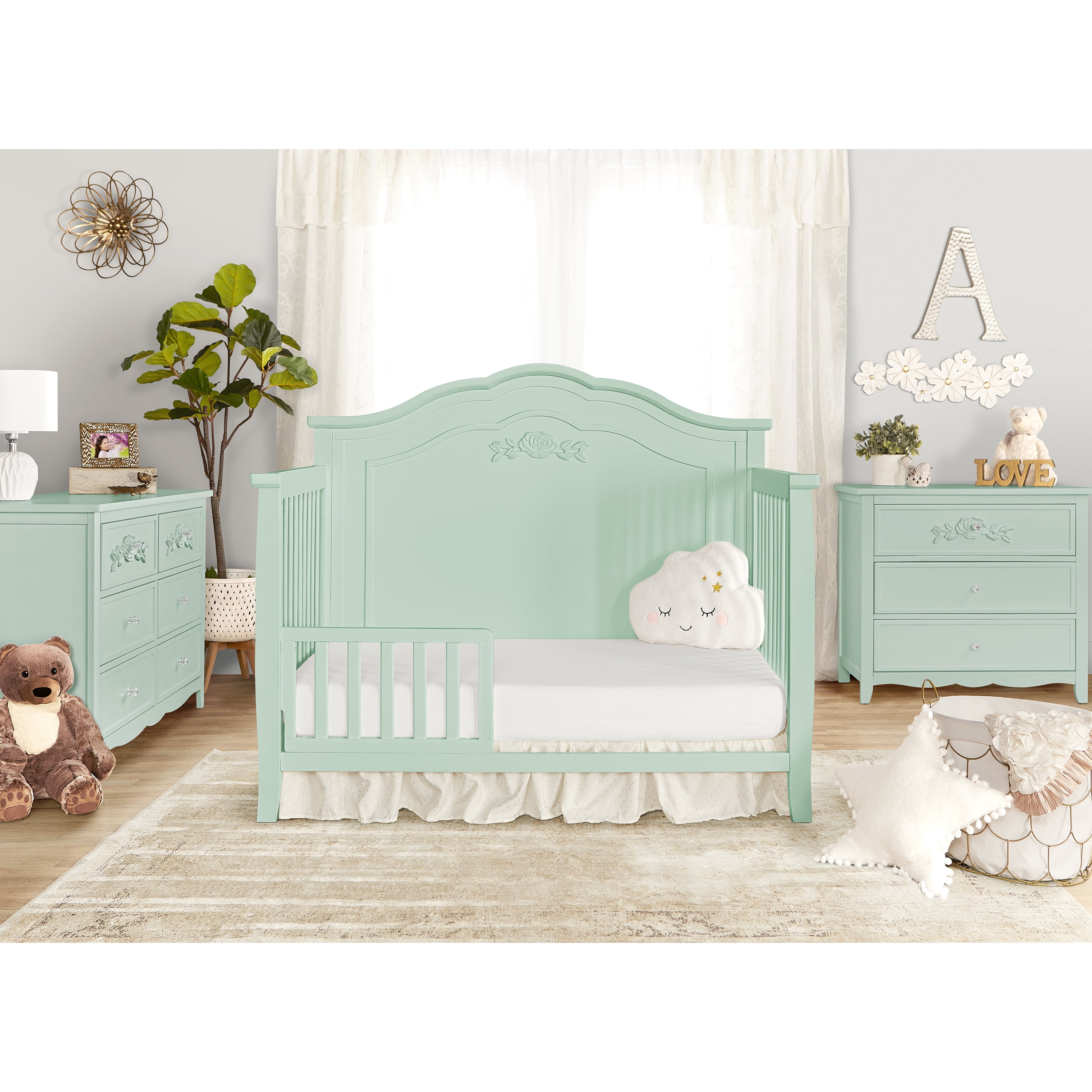 Dream On Me Tiana Convertible Crib Toddler Guard Rail, New Zealand Pinewood, Sea Foam Green
