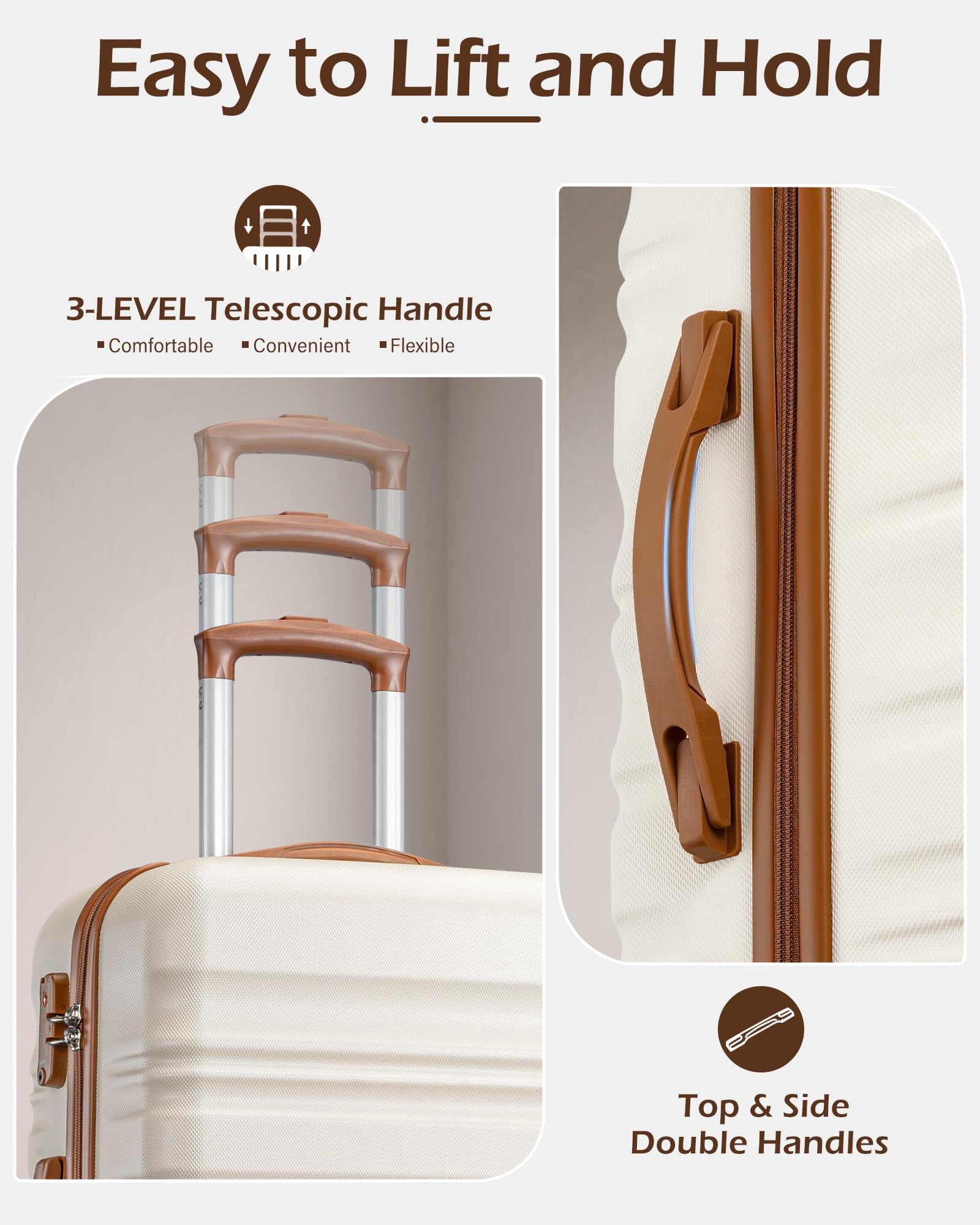 LONG VACATION Carry On Luggage Sets 3 Piece 20 Inch Suitcase Set, ABS+PC Hardshell Lightweight Travel Luggage with Spinner Wheels & YKK Zipper TSA Lock (20 INCH (BP/TB), BEIGE-BROWN)