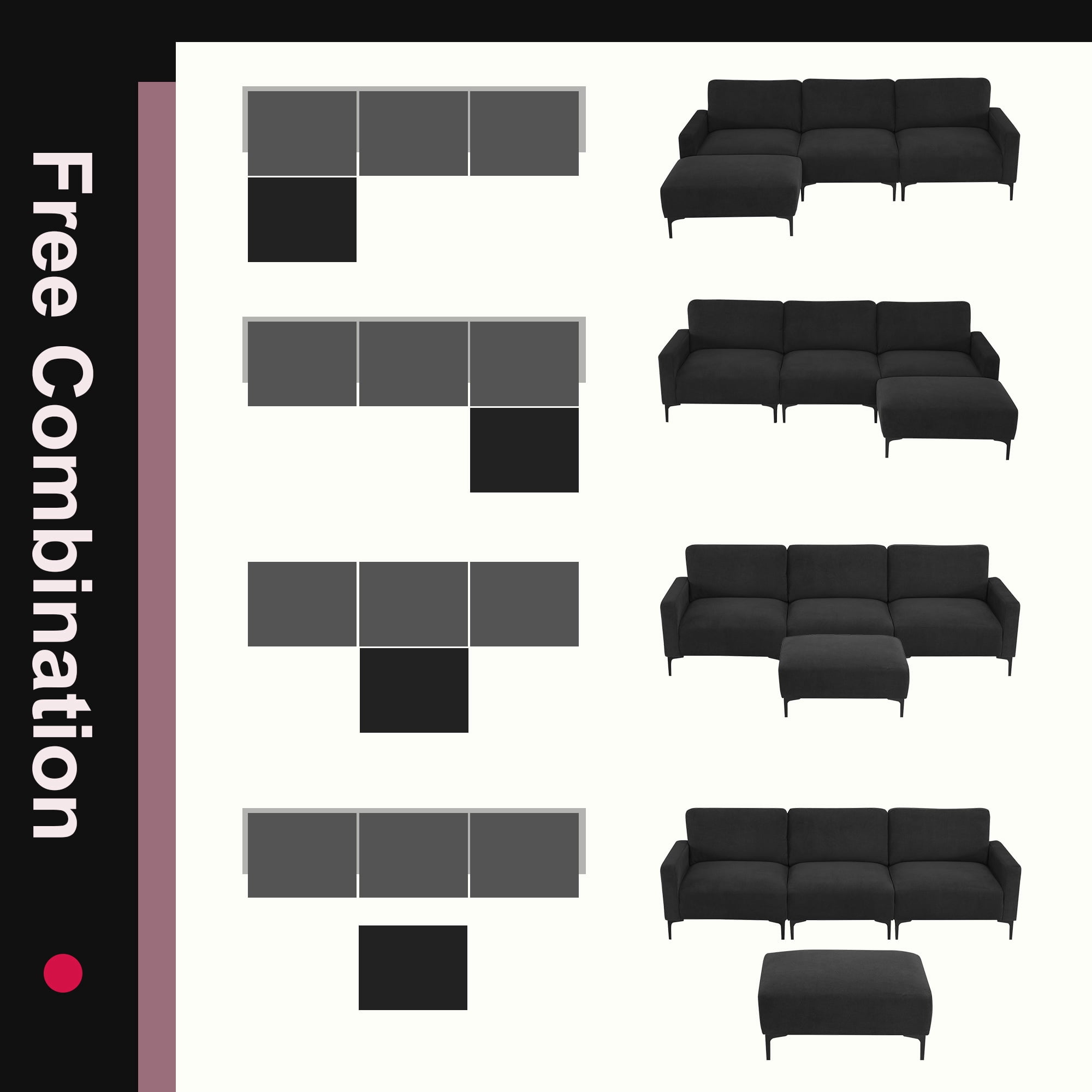 DEALTOPS Modern L-Shaped Velvet Sectional Sofa Couch with Ottoman, Upholstered Sleeper Sofa bed for Living Room or Bedroom-Black
