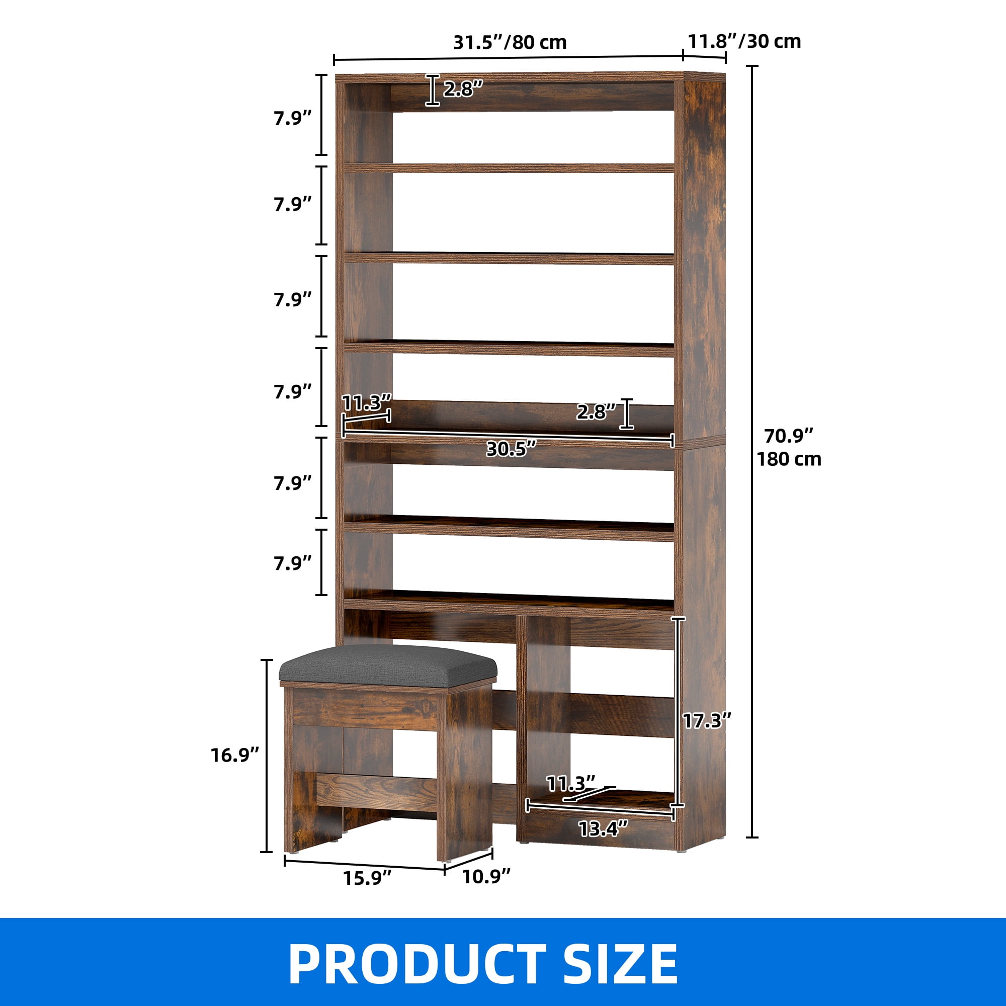 Uforic 8-Tier Entryway Shoe Storage Bench, Multi-Level Shoe Cabinet with Large Boot Storage, Ideal for Home and Living Room, Brown