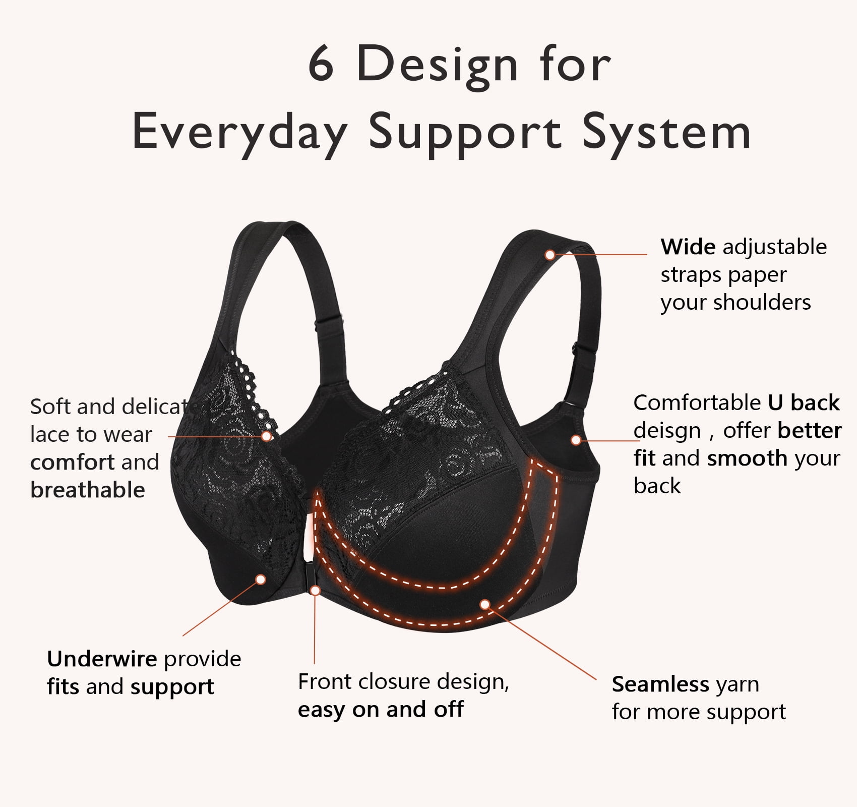 Exerin Women's Plus Size Front Closure U-Back Underwire Wide Strap Everyday Bra(Black,38G)