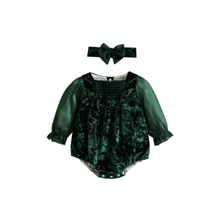 

Newborn Baby Girls Patchwork Velvet Romper Long Sleeve Square Collar Snap Jumpsuits with Headband Autumn Clothes Set