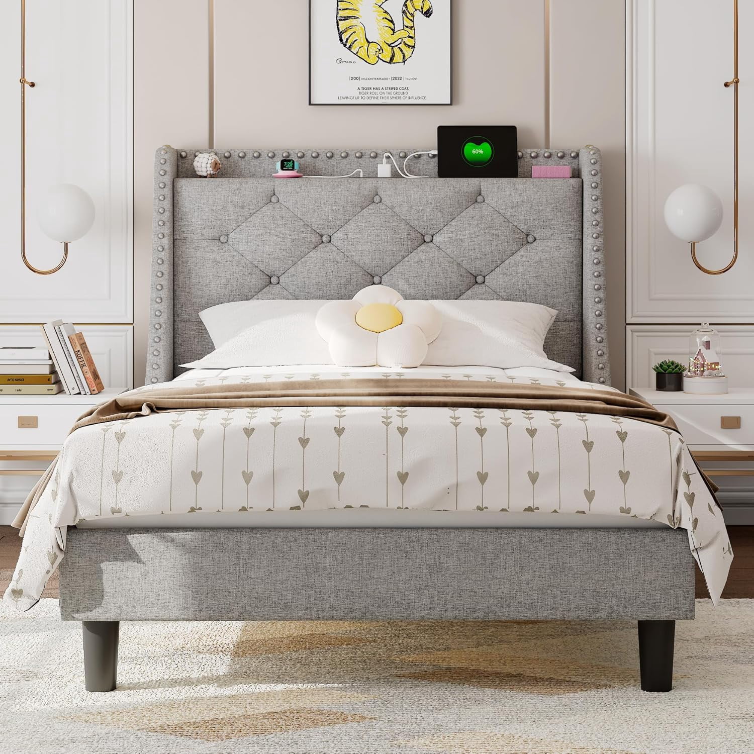 Feonase Twin Bed Frames with Luxury Wingback and Fast Charging Station,Upholstered Button Tufted Storage Headboard Twin Platform Bed,Sturdy Wooden Slats Support,Noise-Free,Easy Assembly,Light Gray