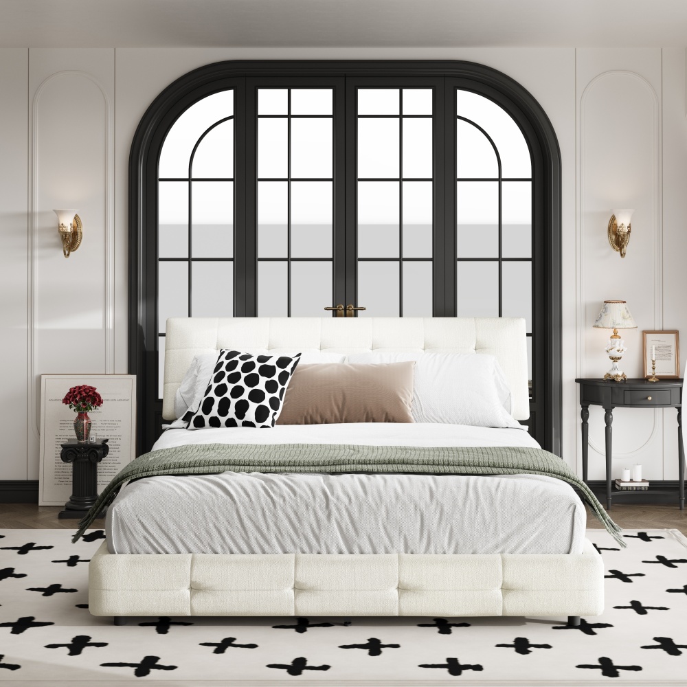 Queen Size Bed Frame for Bedroom, Platform Bed Frame with Tufted Headboard, Metal and Wooden Slats Double Support, Ultra-Soft Cloud Pillow Design, Noise-Free, Beige