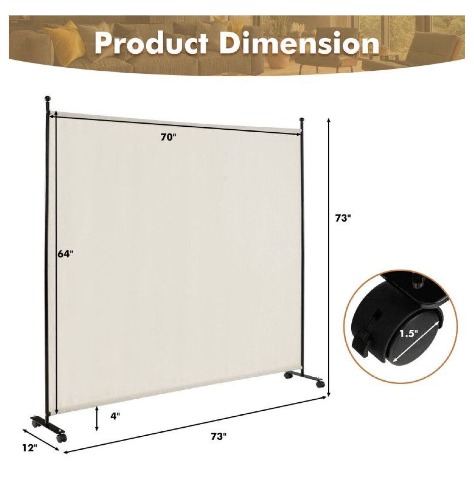 Yunken Single Panel Rolling Room Divider with Smooth Wheels, 6 Ft Tall Mobile Privacy Screen for Home & Office