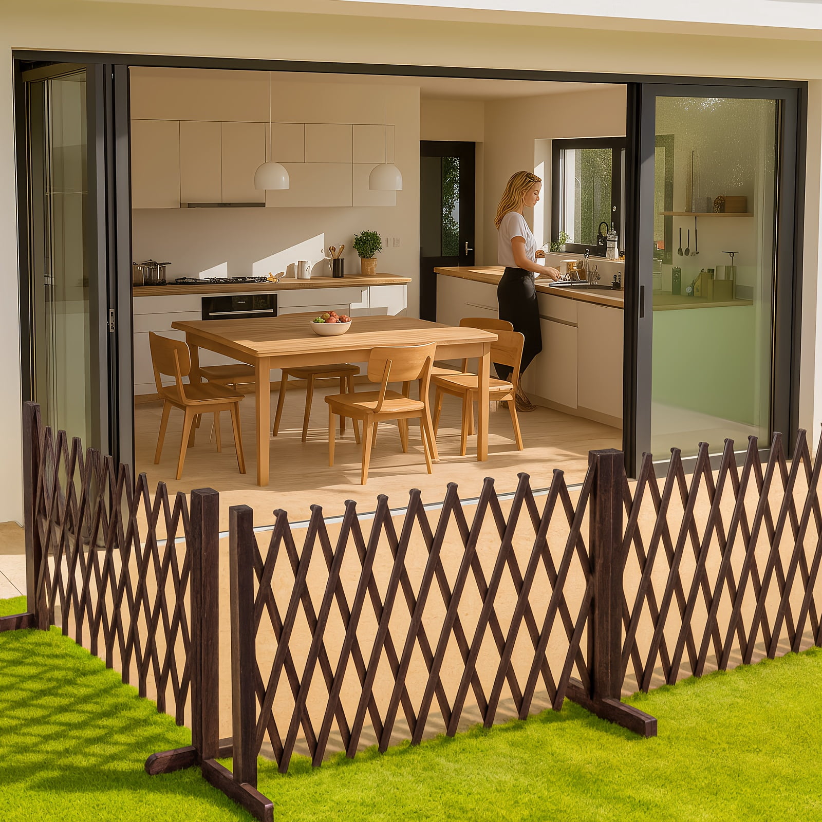 3D Expandable Thickened Wooden Fence, Retractable Safety Pet Gate, Indoor Outdoor Partition Fence for Yard Garden Play Area Holiday Decor
