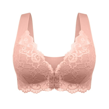 miqiqism Womens Bra Front Closure Sports Bras Full Coverage Comfort Wirefree Everyday Bra Push Up Breathable Plus Size Underwear Trendy Solid Lace Underwear Pink 3X-Large