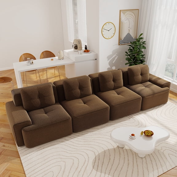 Aukfa 4-Piece Tufted Modular Corduroy Sectional Sofa for Living Room, 128.5" Width 4-Seat, Brown
