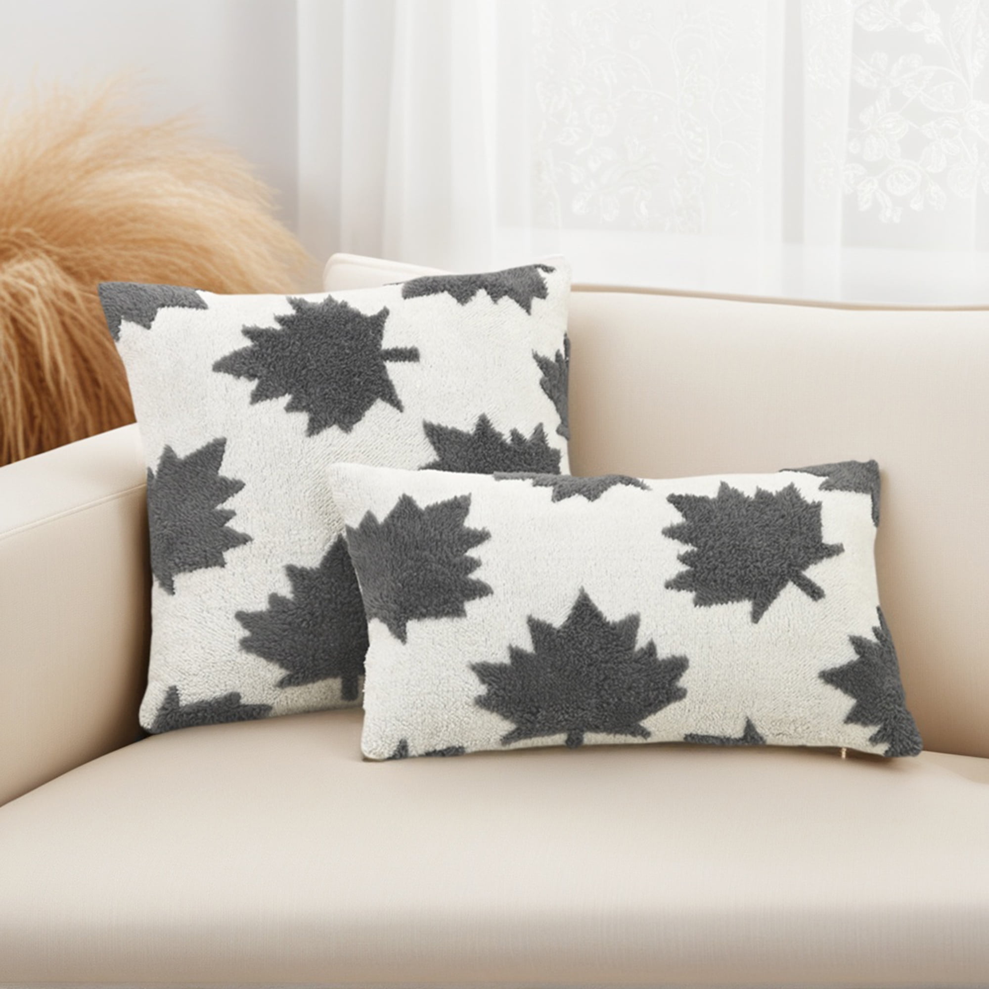 Unique Bargains Pack of 2 Maple Leaf Jacquard Throw Pillow Covers 20"x12" Grey