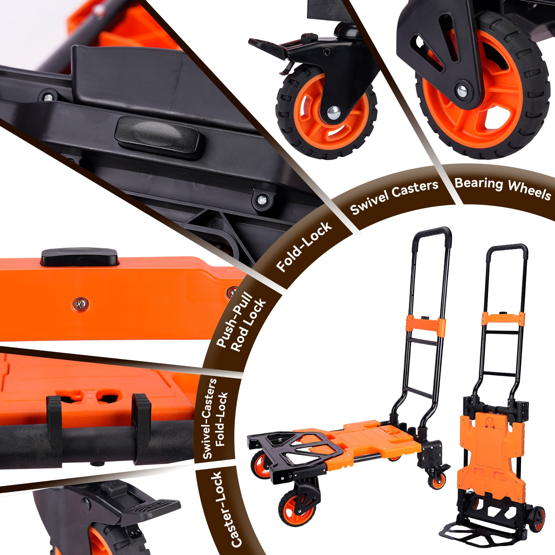 220LB Folding Hand Truck Moving Dolly, Hand Trucks Heavy Duty Combination of 4 Wheels and 2 Wheels Convertible Dolly Cart with Retractable Handle Dolly for Moving Office Carts(Orange)