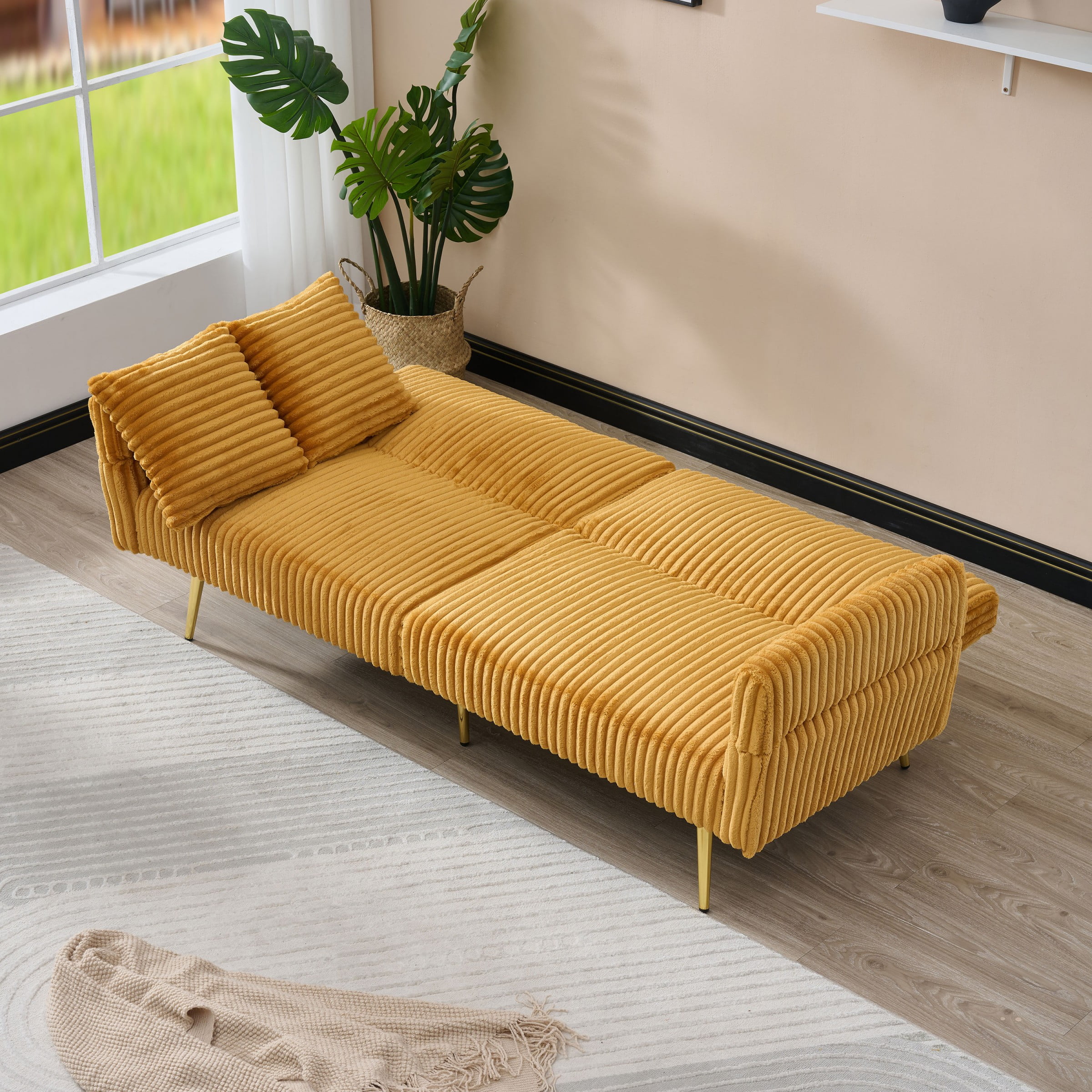 Jopath 79 inch Modern Convertible Sofa Bed,Corduroy Upholstered Futon Couch with Adjustable Armrests for Small Spaces,Living Room,Yellow02