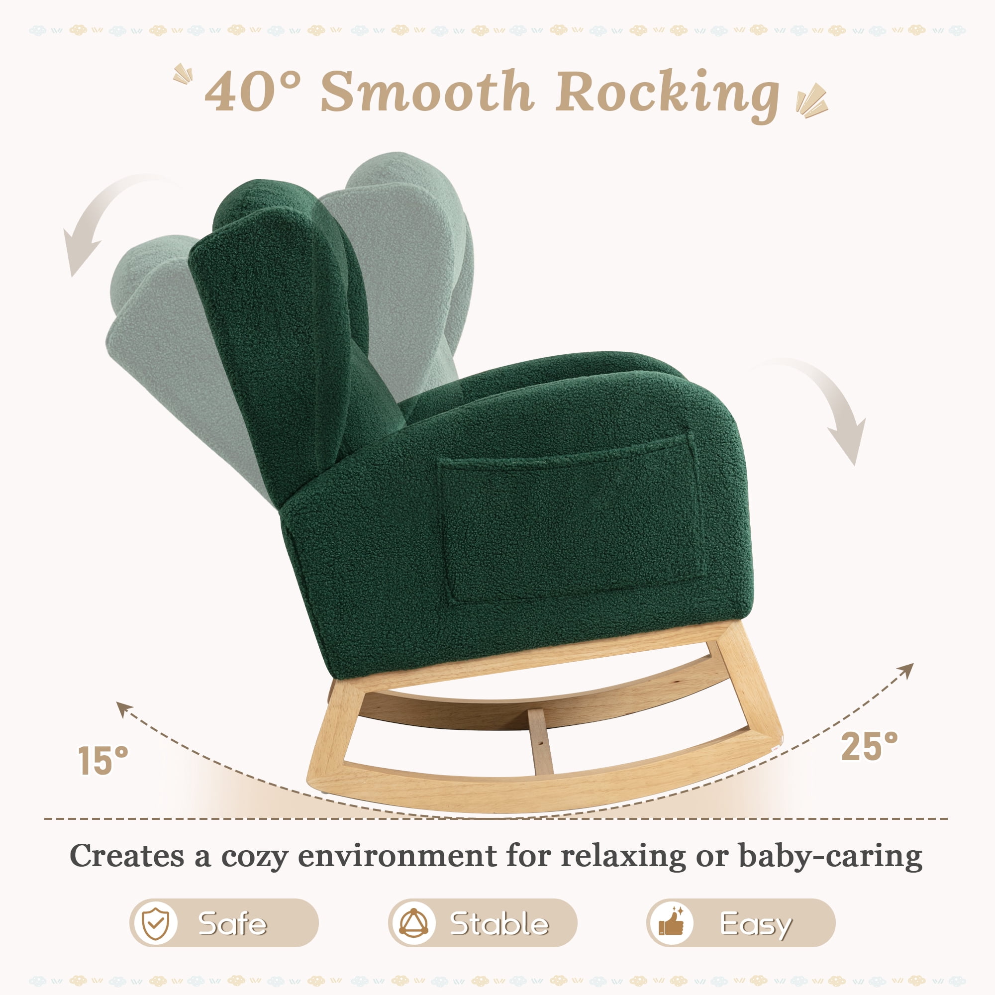 Muumblus Nursery Rocking Chair, Wingback Glider Rocker, Indoor Uphlostered Rocking Chair, Green Teddy