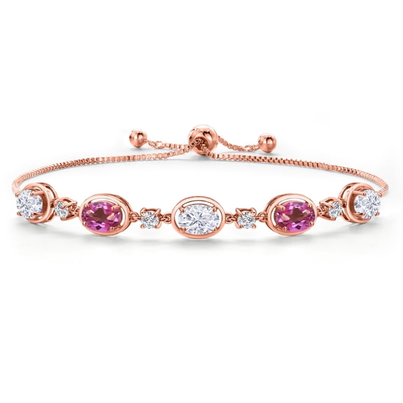 Gem Stone King 18K Rose Gold Plated Silver White Moissanite and Pink Mystic Topaz Bracelet for Women | 4.30 Cttw | Gemstone Birthstone | Oval 7X5MM | Fully Adjustable 9 inch