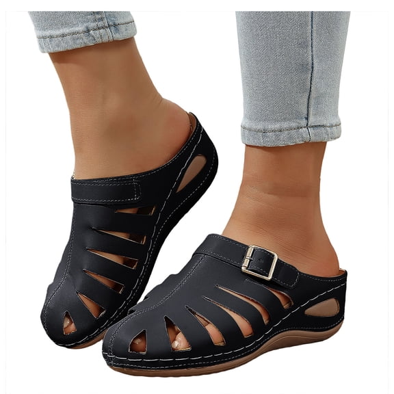 Rokment Womens Orthopedic Wedges Clogs Fisherman Sandals Boho Beach Vintage Buckles Leather Closed Toe Arch Support Platform Walking Mules Gladiator Backless Slip on Slides Summer Black Size 6