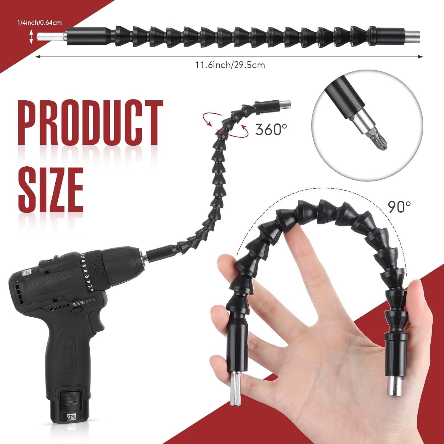 23Pcs Flexible Drill Bit Extension Set 2pc 105° Right Angle Drill Bit Attachment,3pc 1/4, 3/8, 1/2" Hex Adapter Socket,6pc Drill Bit Holder, 10 Short Screwdriver Bits