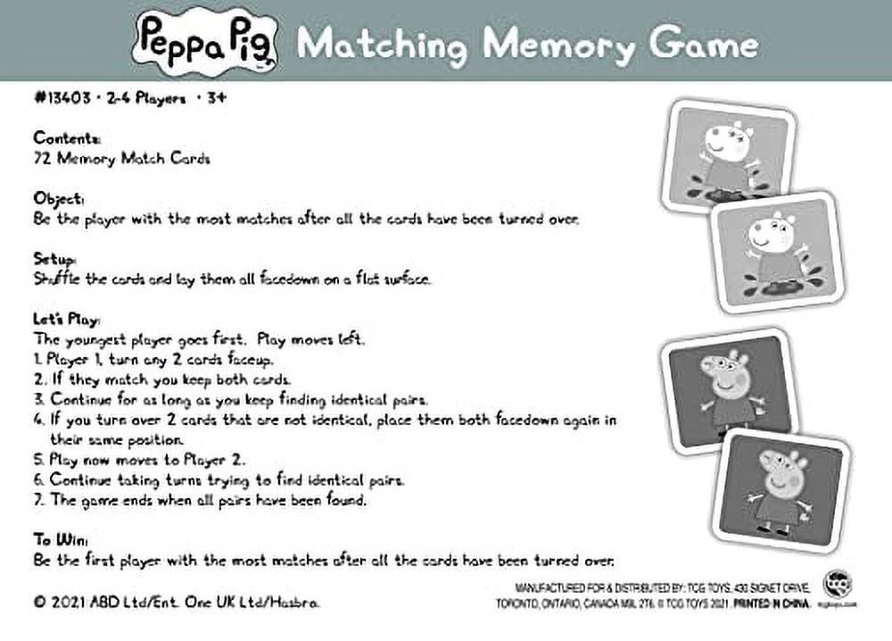 TCG TOYS Peppa Pig Memory Matching Game with 72 cards Kids Age 3+ years