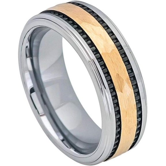 Ring for Men and Women Gifts With Thought Ring Yellow Gold IP Hammered Center with Black IP Plated Stripes on the side – 8mm Wedding Band Ring Ideal Rings for Couples