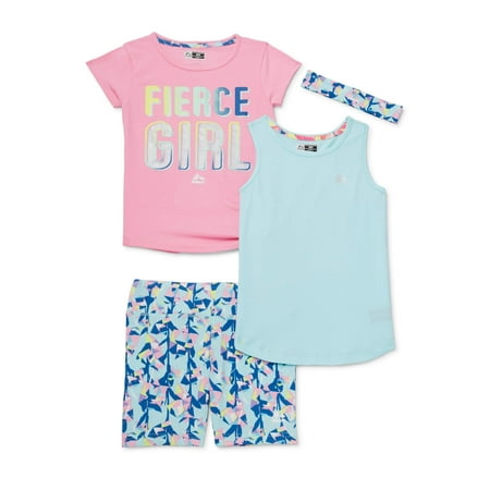 RBX Girls 7-12 Side Tie Graphic Athletic T-shirt, Tank Top and Bike Shorts, 3-Piece Active Set with Headband