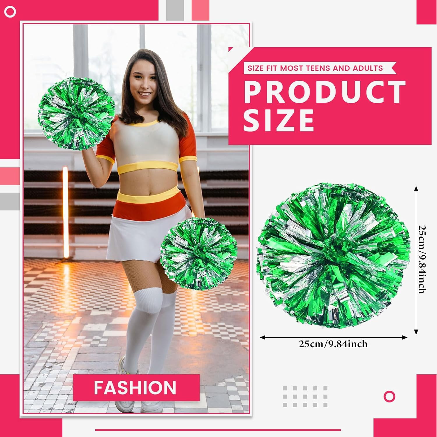 8 Pack pom poms Cheerleading,Cheerleading poms Sports Dance Cheer Plastic Pom Poms Cheerleading for Sports Team Spirit (Green+Silver)