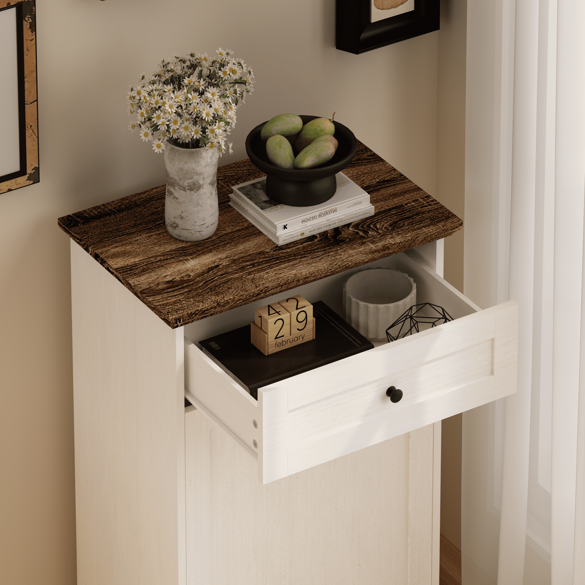 13 Gallon Tilt Out Trash Cabinet Freestanding Trash Bin Cabinet Wood Garbage Recycling Cabinet with Drawer Pet Proof Trash Can Holder for Kitchen Living Room, Antique White (Not include trash can)