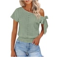 thumbnail image 3 of TAGOLD Womens Short Sleeve Skew Collar Blouses & Shirts Shoulder Elastic Waist Short Sleeve Top, 3 of 5