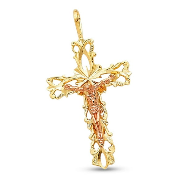 Jesus Medieval Cross Pendant Solid 14k Yellow Rose Gold Crucifix Charm Two Tone Genuine 27 x 17 mm