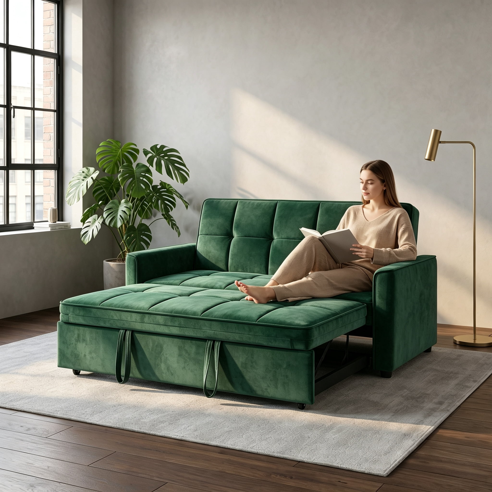 54" Convertible Sleeper Sofa Bed, Modern Velvet 3-in-1 Pull Out Loveseat Couch with 5-Position Backrest & Side Storage Pocket for Living Room, Green