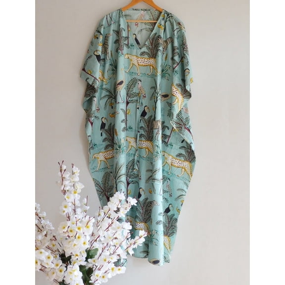 Animal Jungle Print Greenish Cotton Fabric Indian Kaftan Dress Long Top Caftan, Dress Beach Wear Cover up, Printed Sleepwear Maxi Dress Boho Kimono Robe