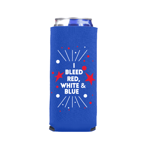 Funny Patriotic Slim Can Coolers, I Bleed Red, White & Blue Spiked Seltzer Coolies, 4th of July, Memorial Day, Summer Skinny Coolies (Blue)