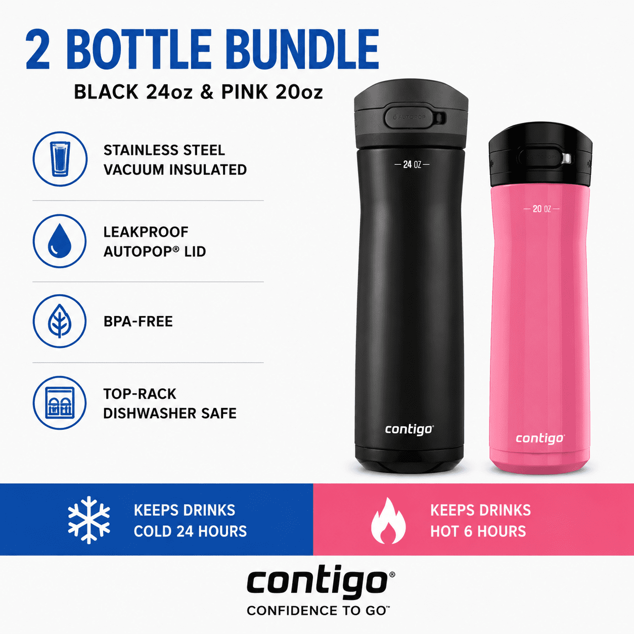 Contigo Jackson Chill  Bundle 2 Water Bottles Black 24oz and Pink  20oz with Autopop Lid
