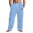 thumbnail image 4 of Mens Loose Fit Linen Pants - Summer Lightweight Elastic Drawstring Waist Casual Cargo Trousers with Pockets Blue S, 4 of 4