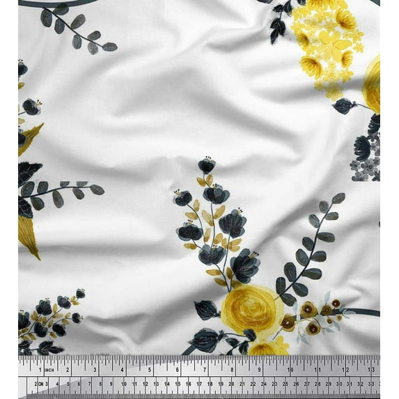 Soimoi White Cotton Jersey Fabric Leaves & Floral Printed Craft Fabric by The Yard 58 Inch Wide