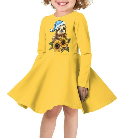 DISNIMO Girls Sloth Dress Kids Sunflower Dress for Kids Long Sleeve Dresses 3-4 Girl Midi Dress for Children Skater Dress Long Sleeve Girls Swing Dress Fall Kids Clothes Dress Yellow Girl Dresses