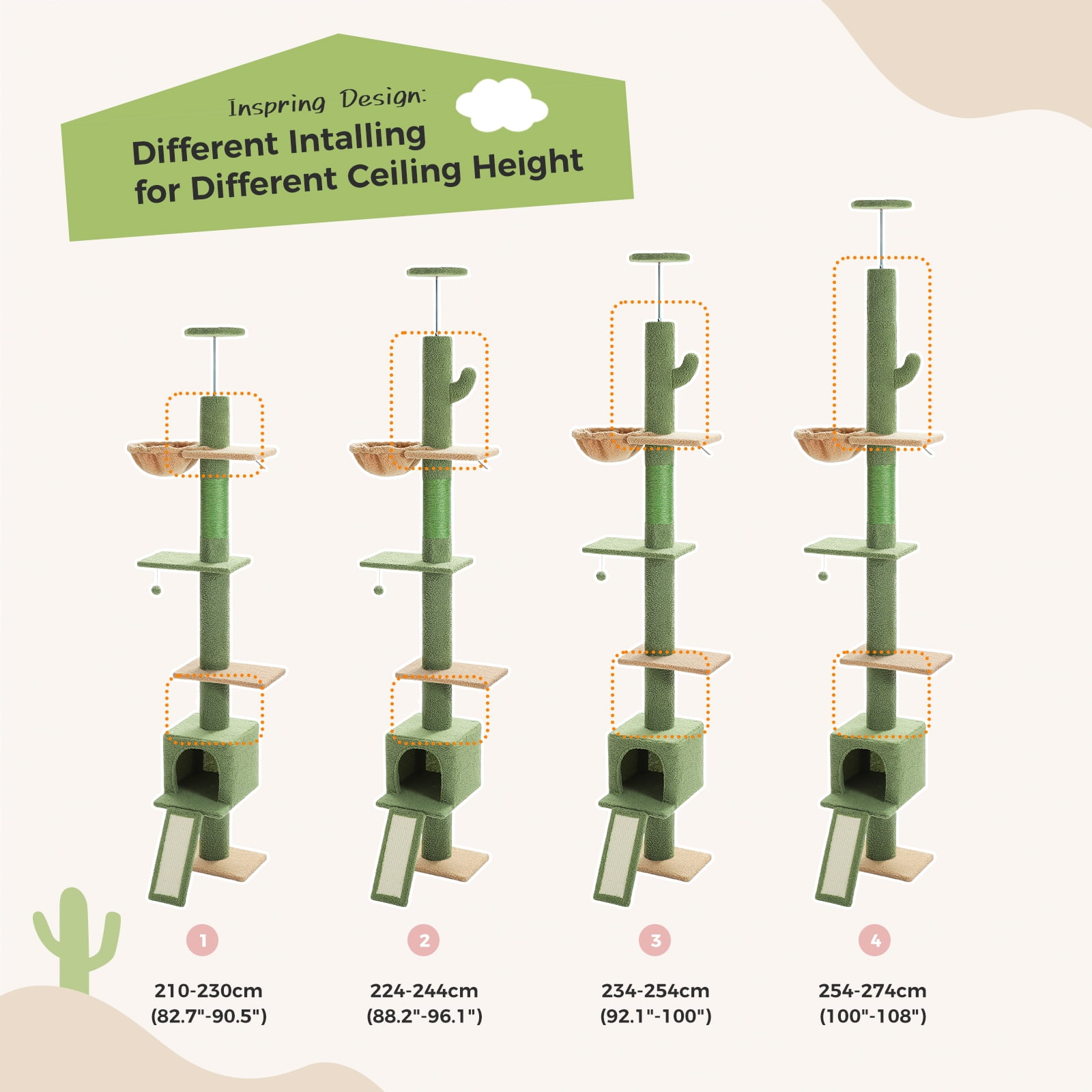 Pefilos 5 Tiers Cactus Cat Tree Floor to Ceiling, Adjustable Height (83"-108") Climbing Cat Tower for Indoor Cats with Condo, Scratching Post, Green