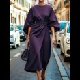 thumbnail image 2 of Vestido Elegante de Cóctel para Mujer, con Mangas Murciélago, Liso, Informal, Holgado, Fruncido, con Abertura, Midi y Cinturón. Púrpura M, 2 of 3