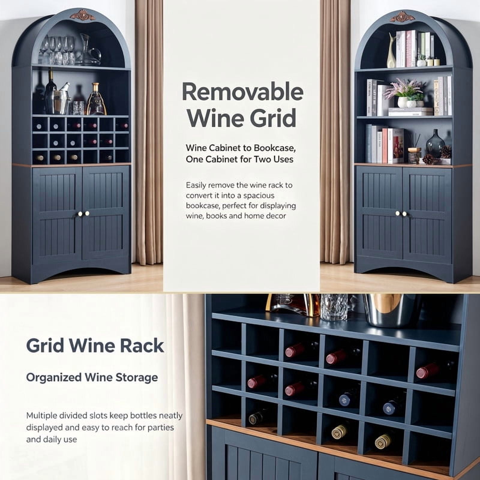 Arched Bar Wine Storage Liquor Cabinet with Removable Wine Grid, Freestanding Bookcase with Adjustable Shelves