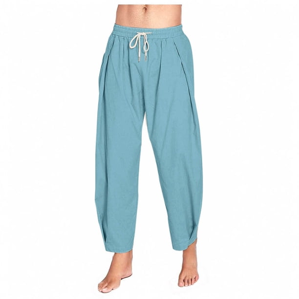 Pantalones largos para hombre, color liso, holgados, informales, con bolsillo, de lino, cintura elástica y cordón ajustable, de poliéster.