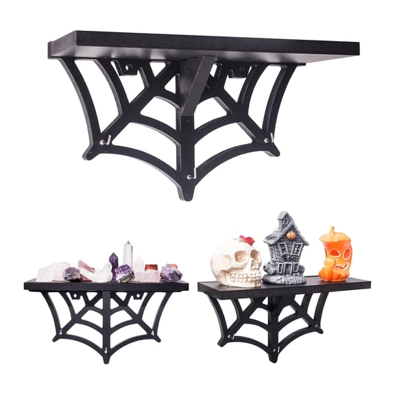 Spider Web Floating Shelf Gothic Halloween Hanging Shelf with Hooks for Wall Oddities and Curiosities Black Spooky Goth Wall Decor for Kitchen and Home Crystal Display Shelf for Stones, Shelves