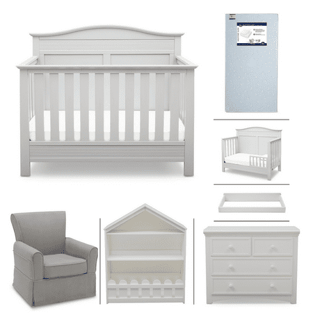 Serta Barrett 7 Piece Nursery Furniture Set Convertible Crib Toddler Rail Dresser Changing Top Bookcase Crib Mattress Glider Bianca White