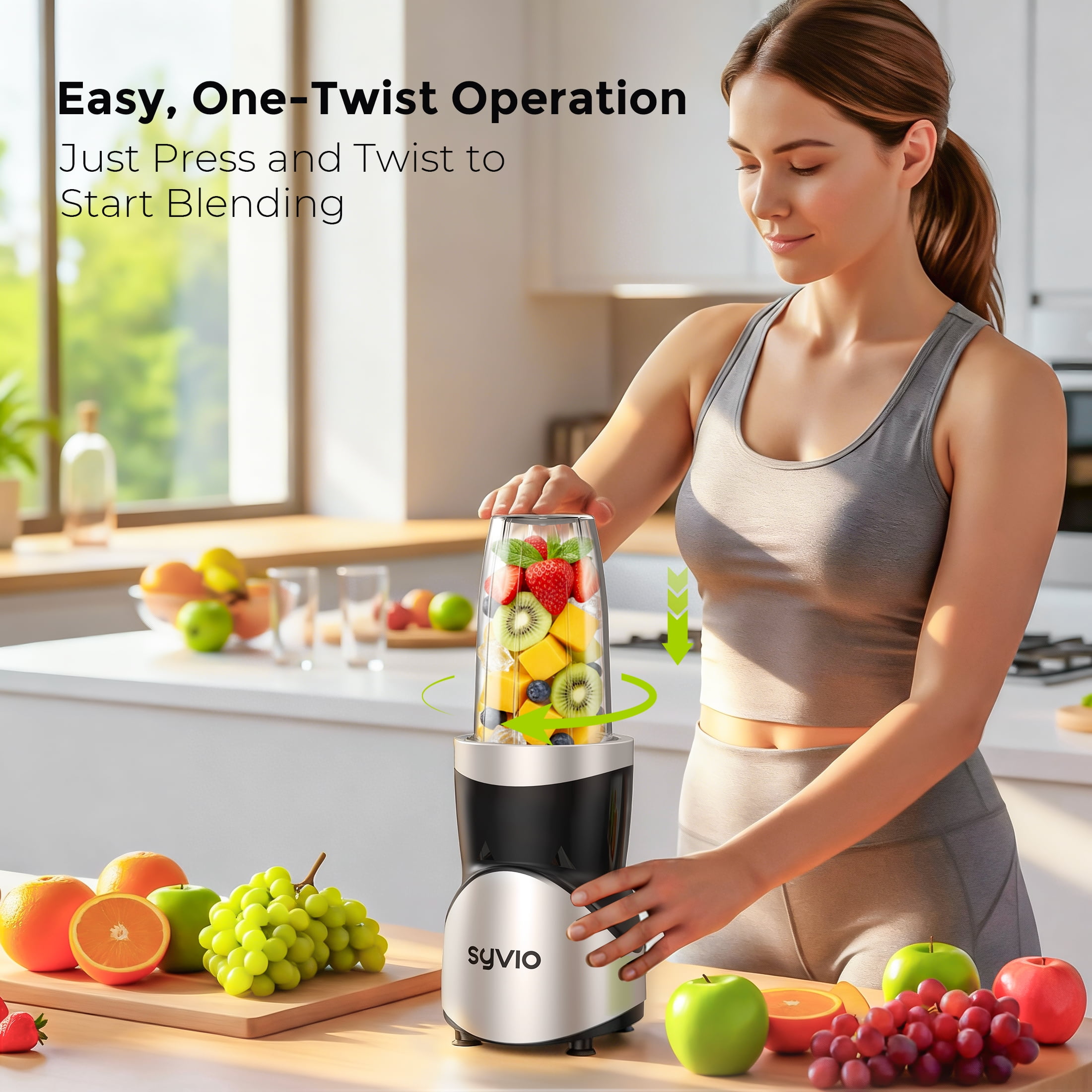 Syvio Smoothie Blender for Shakes and Smoothies, 4 Portal Cups, 15 Pieces Kitchen Personal Blender and Grinder Combo, BPA-Free Juice Blender Set